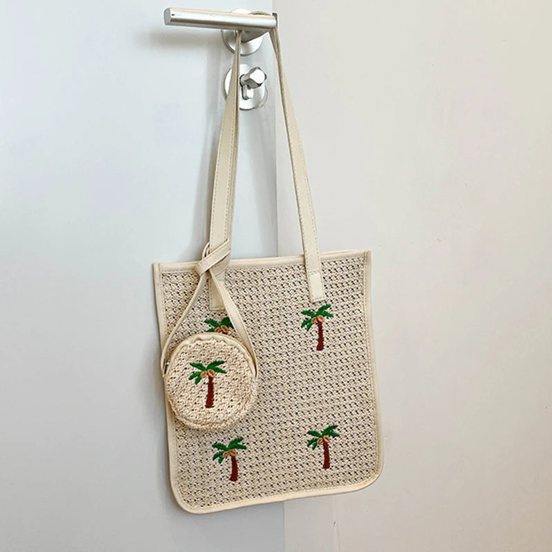 Coconut Palm Embroidery Straw Shoulder Bags Woven Large Capacity Beach Bag