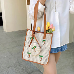 Coconut Palm Embroidery Straw Shoulder Bags Woven Large Capacity Beach Bag