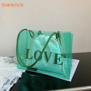 2pcs Transparent Letters Printing Tote Handbags Shoulder Underarm Bag