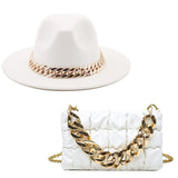 2pcs Women Fedora Hats Bag Set Chain Shoulder Crossbody Bag Lattice Handbag