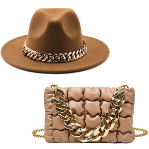 2pcs Women Fedora Hats Bag Set Chain Shoulder Crossbody Bag Lattice Handbag