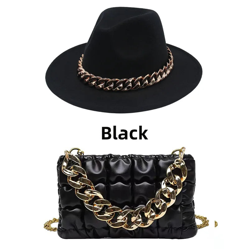 2pcs Women Fedora Hats Bag Set Chain Shoulder Crossbody Bag Lattice Handbag