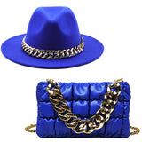2pcs Women Fedora Hats Bag Set Chain Shoulder Crossbody Bag Lattice Handbag