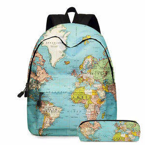 World Map Printing School Backpack with Pencil Case