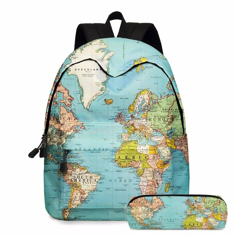 World Map Printing School Backpack with Pencil Case