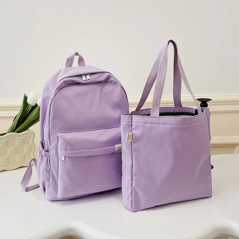 2pcs Laptop Backpack Solid Handbag College Student Large Capacity