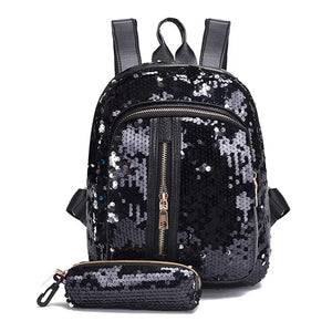 2pcs/set Sequins Women Backpack for Teenage Girl Rucksack School Bag