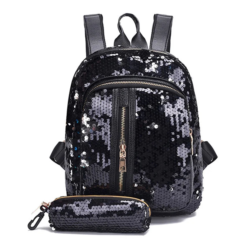 2pcs/set Sequins Women Backpack for Teenage Girl Rucksack School Bag