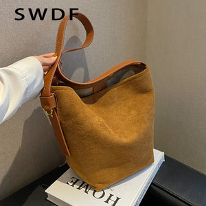 Vintage Nubuck Leather Shoulder Crossbody Bags for Women Winter Bucket Bags