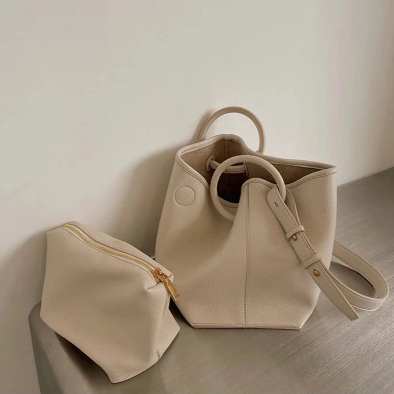 2pc/set PU Leather Women's Handbags Casual Ladies Tote Female Bucket