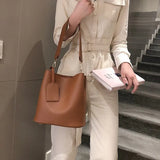 2-piece Set PU Leather Women's Handbags Casual Ladies Tote Bucket Crossbody Bag