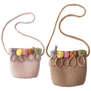 Girls Straw Rattan Crossbody Bag for Baby Girls (Pink&Khaki)
