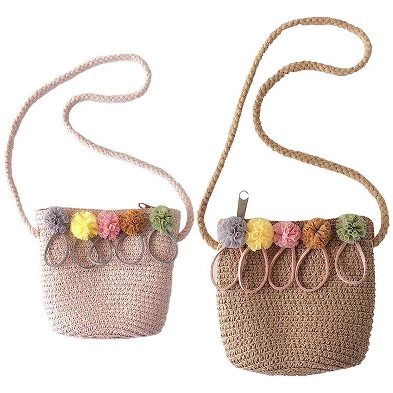 Girls Shoulder Bag Straw Rattan Crossbody Bag for Baby Girls (Pink&Khaki)
