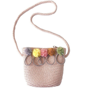 Girls Straw Rattan Crossbody Bag for Baby Girls (Pink&Khaki)