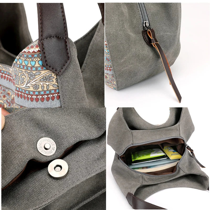 Large Capacity Women's Shoulder Crossbody Bag, Vintage Canvas Handbag Totes