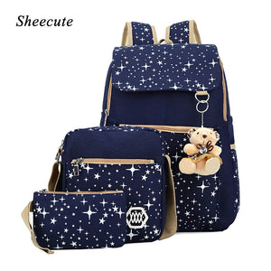 3 Pcs/set Printing Women Backpack Lightweight Canvas Backpack