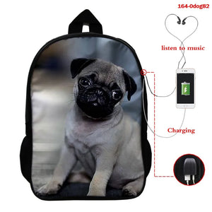 3D Animal Pug Dog Print Backpack Male Animal Backpack Travel Laptop Computer Bag
