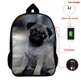 3D Animal Pug Dog Print Backpack Male Animal Backpack Travel Laptop Computer Bag