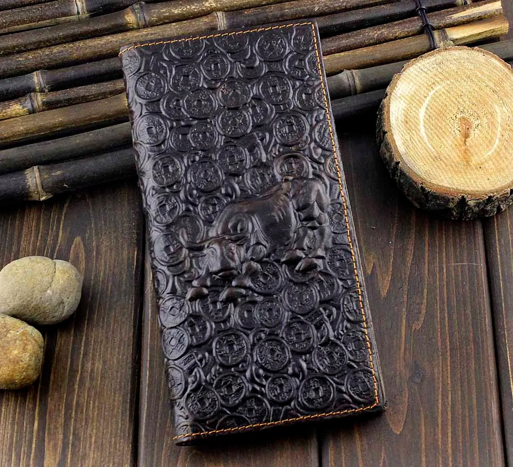 3D COW Print Cowhide Leather Men's Wallet Vintage Purse Long Wallet