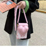 Heart Box Purses Beaded Chain Shoulder Bag