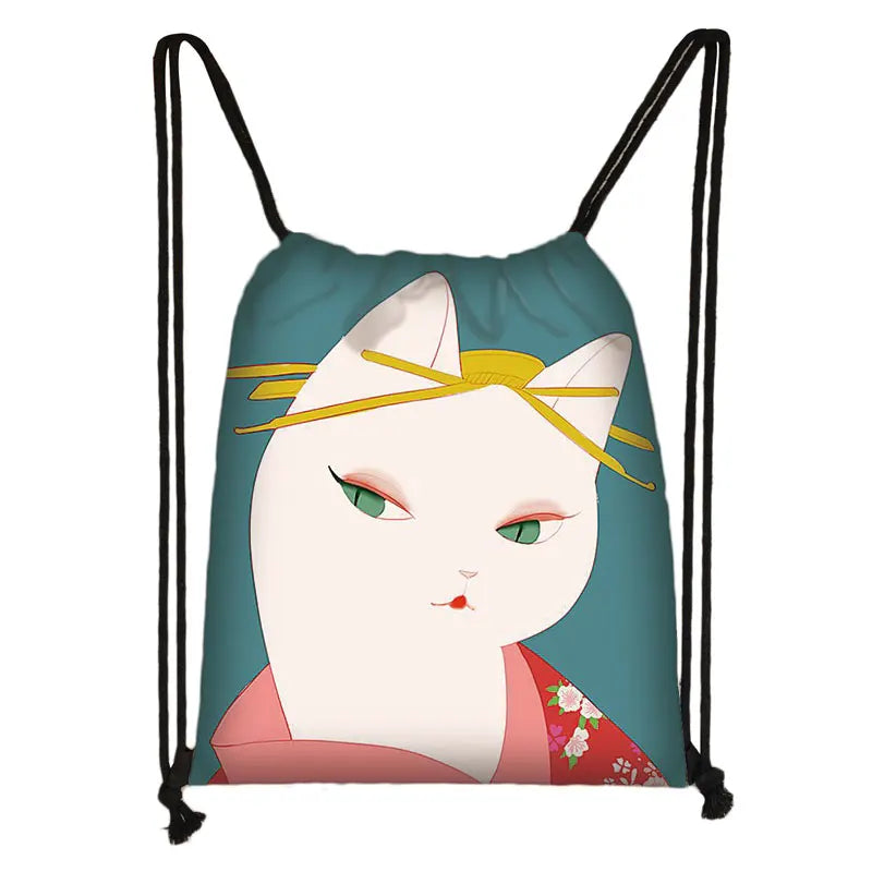 3D Lovely Cat Head Painting Drawstring Bag Cat Cartoon Printing Backpack