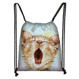 3D Lovely Cat Head Painting Drawstring Bag Cat Cartoon Printing Backpack