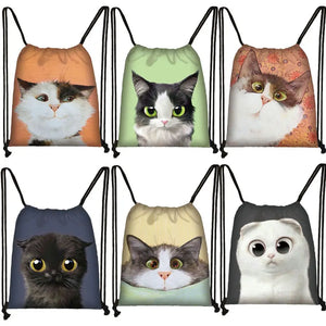 3D Lovely Cat Head Painting Drawstring Bag Cat Cartoon Printing Backpack