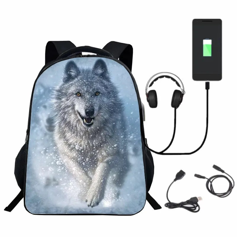 3D Printed Wolf Backpack USB Charge Boys Girls School Bags 16in High