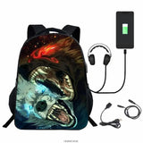 3D Printed Wolf Backpack USB Charge Boys Girls School Bags 16in High