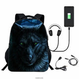 3D Printed Wolf Backpack USB Charge Boys Girls School Bags 16in High