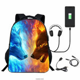 3D Printed Wolf Backpack USB Charge Boys Girls School Bags 16in High