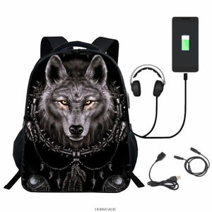 3D Printed Wolf Backpack USB Charge Boys Girls School Bags 16in High