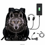 3D Printed Wolf Backpack USB Charge Boys Girls School Bags 16in High