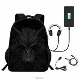 3D Printed Wolf Backpack USB Charge Boys Girls School Bags 16in High