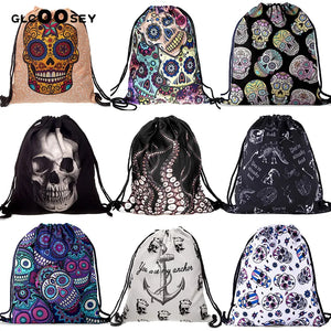 Canvas Draw String Bag Skull Octopus Pattern Harajuku Gothic Backpack