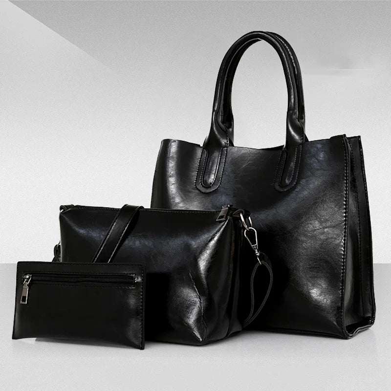 3PCS Women's Bag Set Oil Wax PU Leather Handbag Shoulder Bag Wallet