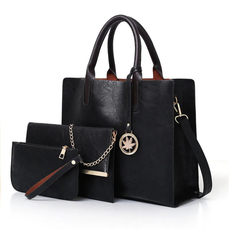 3PCS Women's Bag Set PU Leather Solid Messenger Bag Shoulder Bag Wallet B