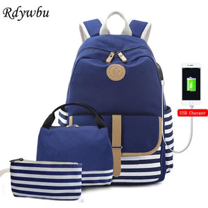 Navy Canvas Backpack Teenager High Bagpack School Big Striped Travel Laptop
