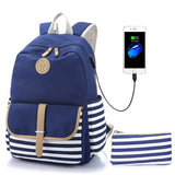 Navy Canvas Backpack Teenager High Bagpack School Big Striped Travel Laptop