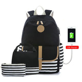 Navy Canvas Backpack Teenager High Bagpack School Big Striped Travel Laptop
