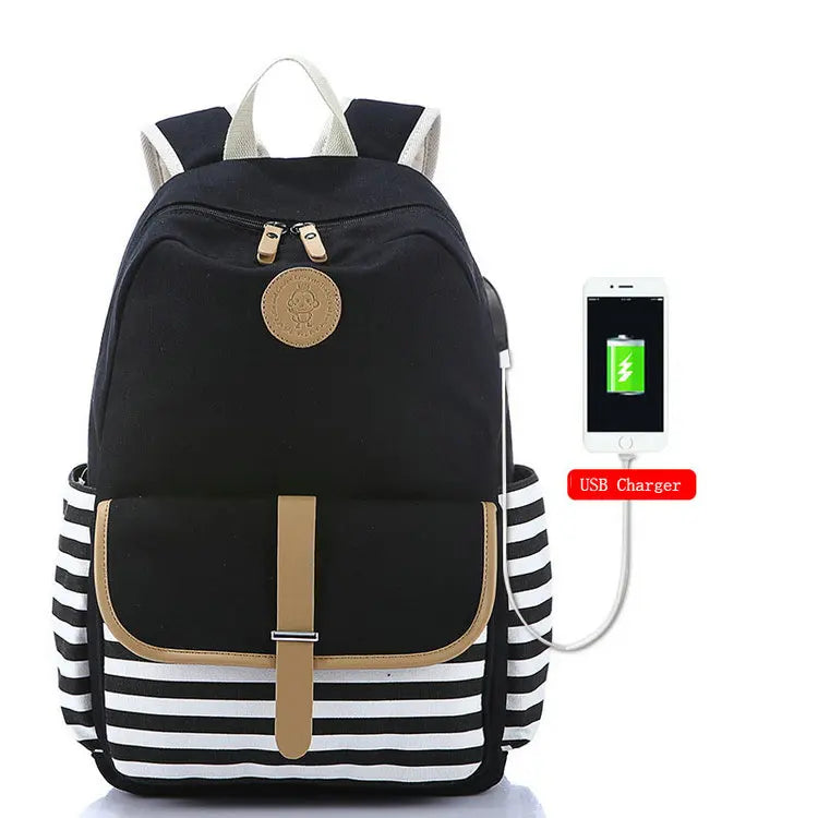Navy Canvas Backpack Teenager High Bagpack School Big Striped Travel Laptop