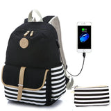 Navy Canvas Backpack Teenager High Bagpack School Big Striped Travel Laptop