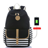 Navy Canvas Backpack Teenager High Bagpack School Big Striped Travel Laptop