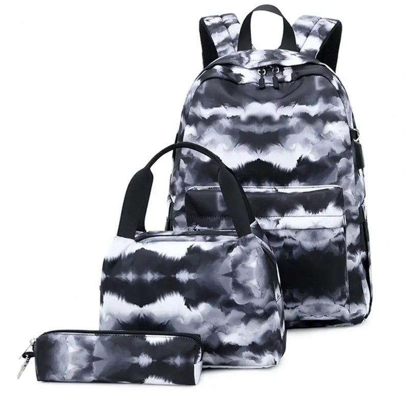 3Pcs Student Backpack Ink Print Charging Port Zipper Backpack