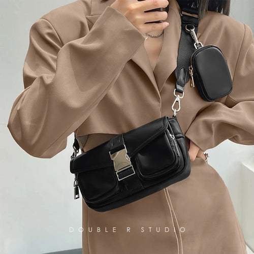 3Pcs Women Soft Leather Handbag Wide Strap Set Vintage Chains