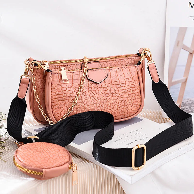 3pcs Women Handbag Set PU Leather Shoulder Messenger Chain Crossbody Purse