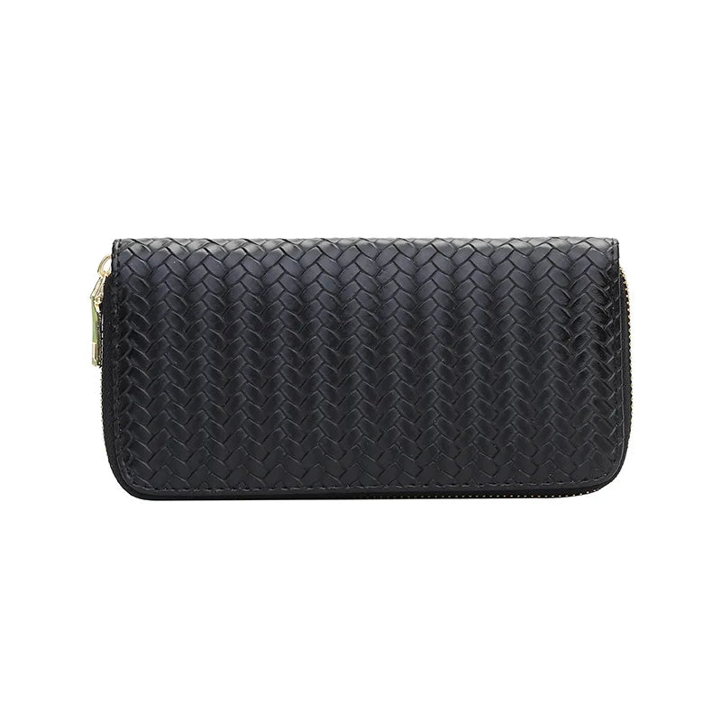 Women PU Weave Prints Large Capacity Waterproof Long Wallet