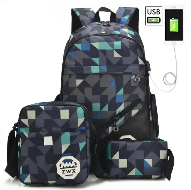 3pc Boys School Bags Set Waterproof Backpack Bookbag Pen Pencil Bag