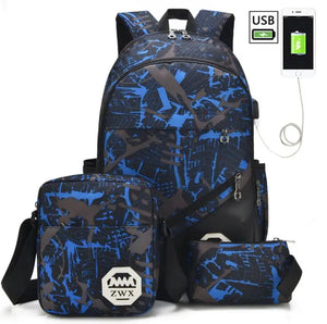 3pc Boys School Bags Set Waterproof Backpack Bookbag Pen Pencil Bag