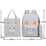 Cartoon Bear Girls Backpack Set Canvas School Bag Lightweight Travel